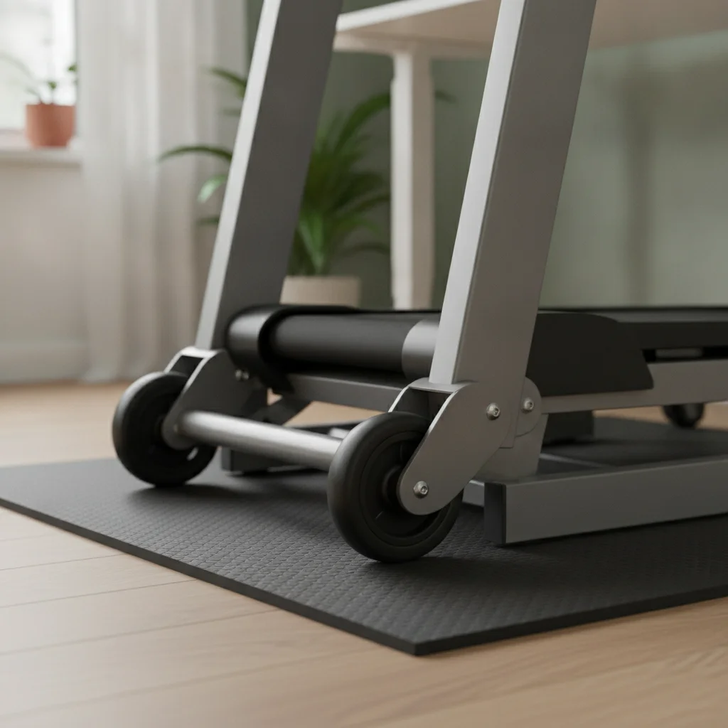 Espace de télétravail citadin agencé autour d'un tapis de marche glissé sous un bureau ajustable en hauteur