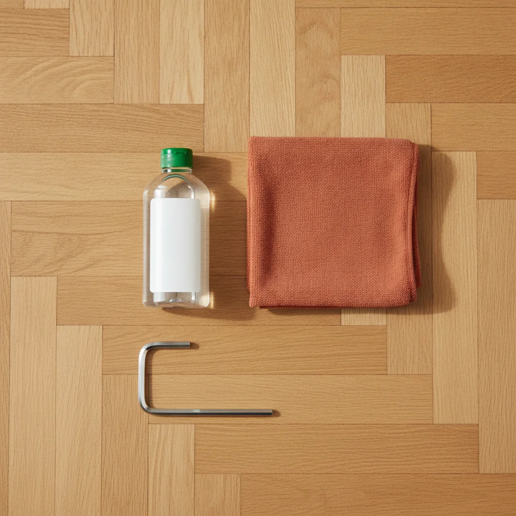 Flacon de lubrifiant silicone posé à côté d'une bande de tapis de course entrouverte
