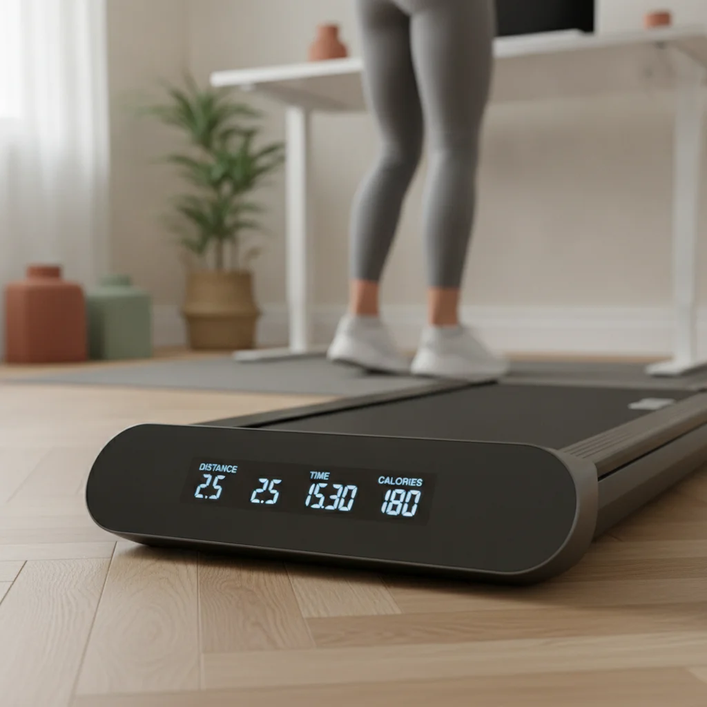 Vue minimaliste d'un espace de travail à domicile avec un tapis de marche compact glissé sous un bureau en bois clair