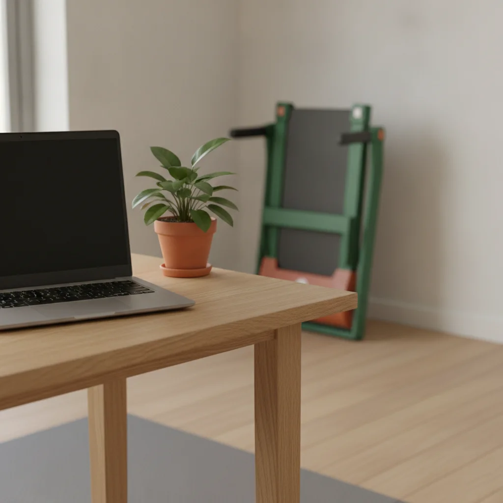 Silhouette graphique d'un coin bureau épuré avec un appareil de marche discret rangé